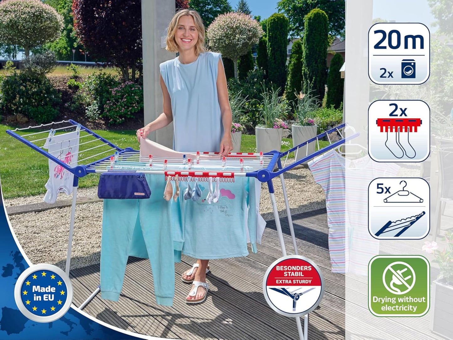 Leifheit Standtrockner Pegasus 200 Solid Comfort mit 20m Trockenlänge, Flügelwäschetrockner für lange Wäschestücke, Wäscheständer mit Bügelstangen