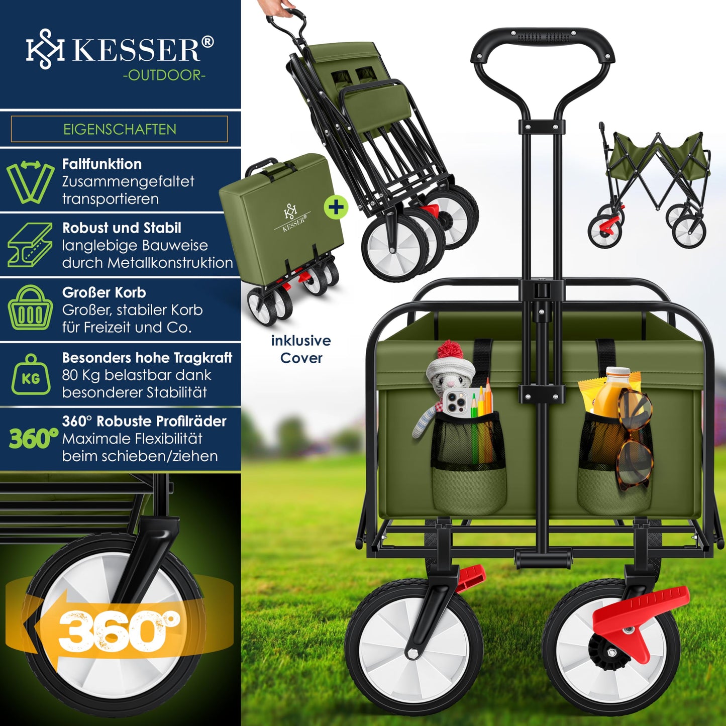 KESSER® Bollerwagen faltbar Handwagen Transportkarre Gerätewagen | inkl. 2 Netztaschen & Cover | klappbar | PVC-Reifen | bis 80 kg Tragkraft transportwagen Gartenanhänger ohne Dach, Khaki/Schwarz