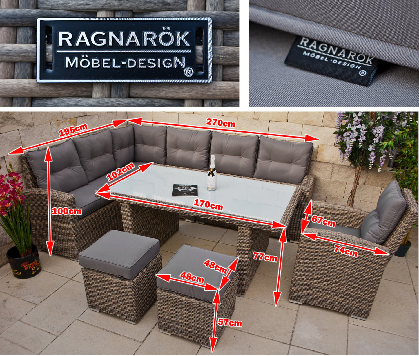 hohe Dining Lounge - DEUTSCHE Hersteller - 8 Jahre GARANTIE - EIGENE Produktion - PolyRattan Gartenmöbel Essgruppe Sessel Naturfarben Rundrattan Grau