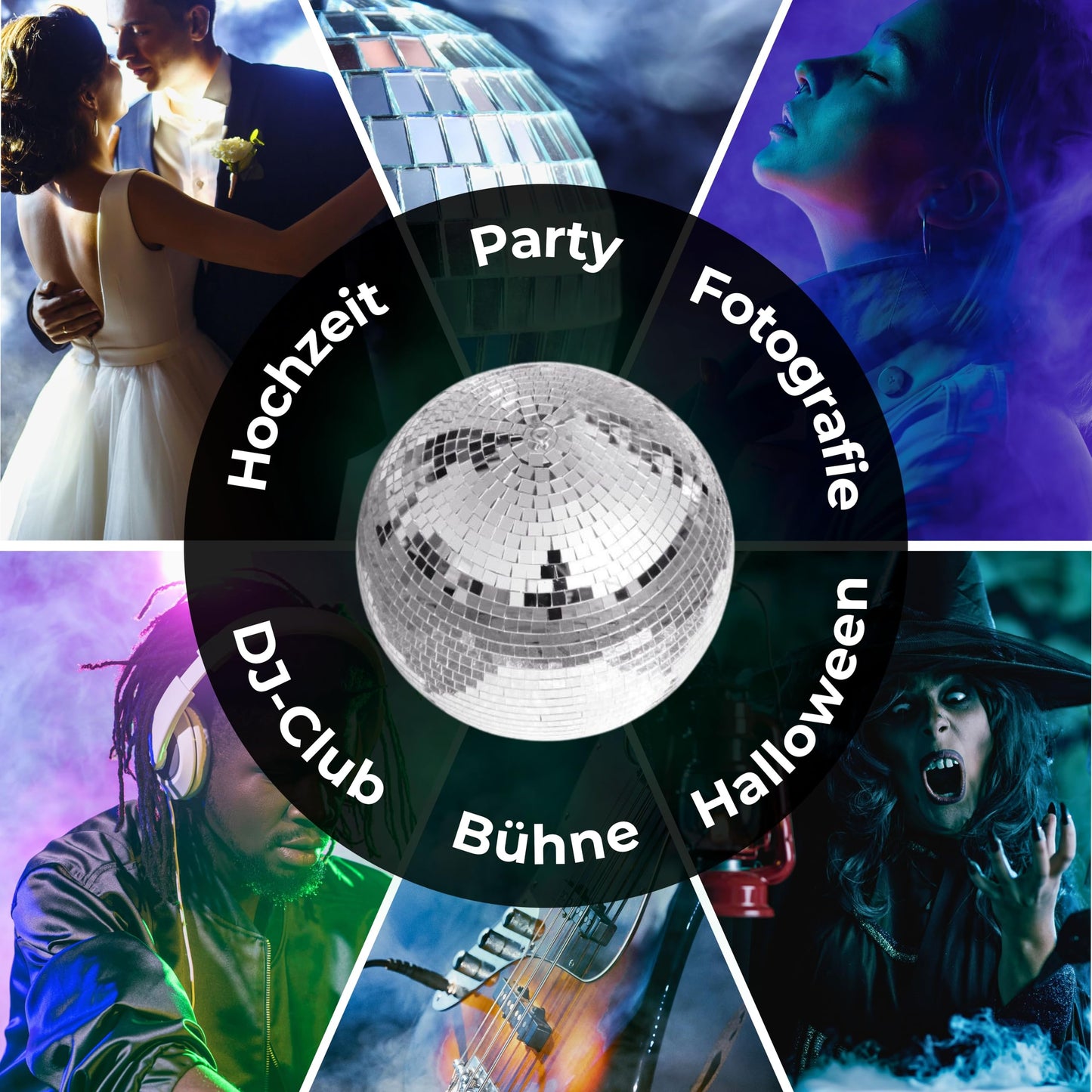 ETEC Professional DISCO30 Spiegelkugel 30cm Set mit LED Motor DISCOLIGHT BELEUCHTUNG Discokugel Disco Effekt Strahler silber batteriebetrieben mit 18 LEDs Partykeller DJ Club