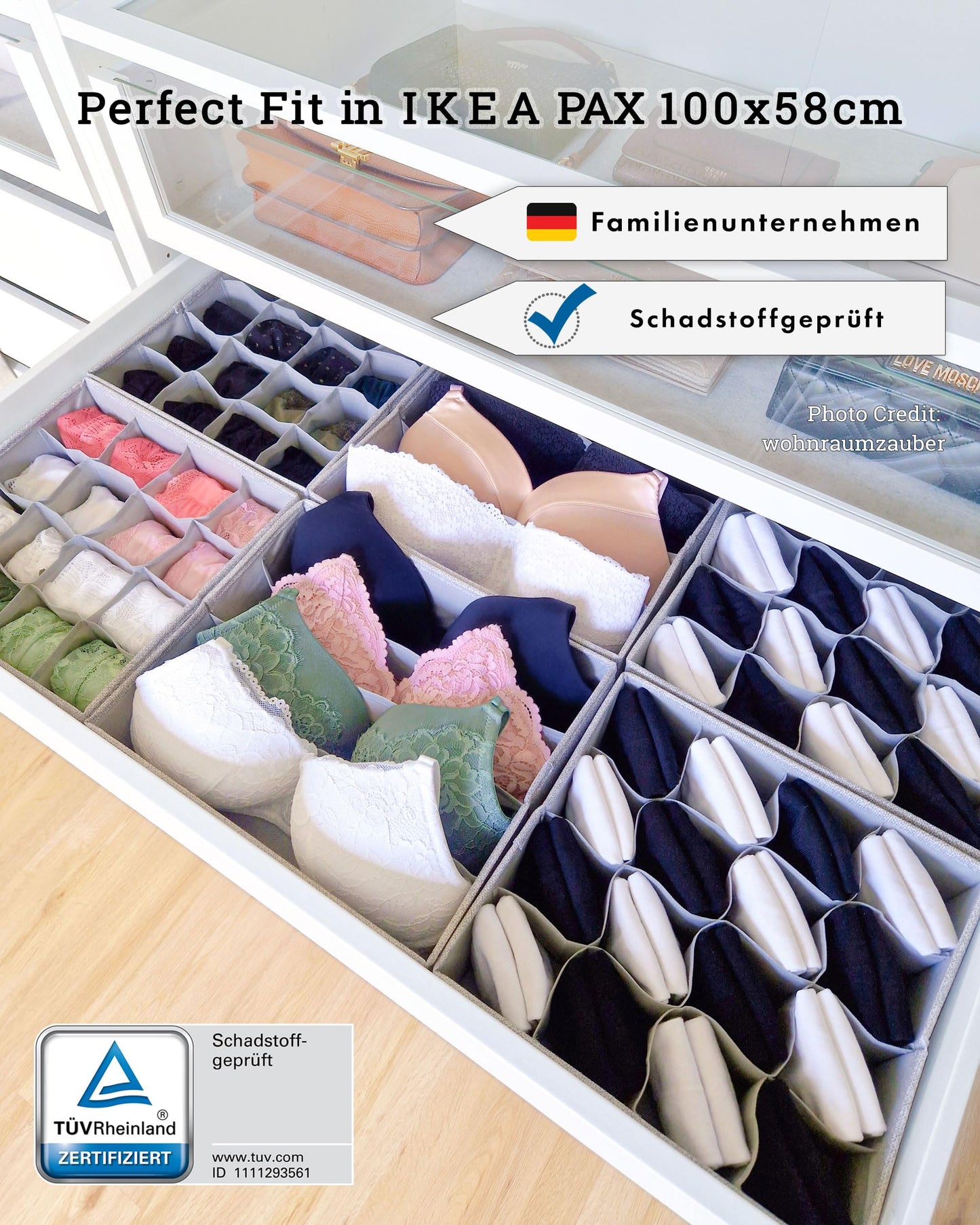 SIMPLE JOY® PAX100 Organizer für ikea Kleiderschrank; DAS ORIGINAL; passgenau; Stabiler Boden; Schubladen Ordnungssystem für Socken, BHs, Unterwäsche, Krawatten; 6er Set
