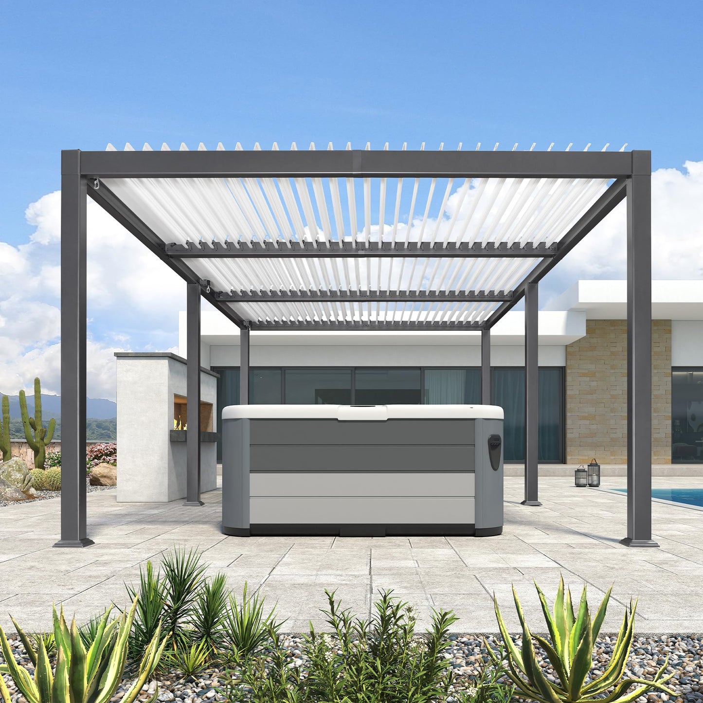 PURPLE LEAF Pergola 3.45 x 6.23 m Wasserdicht Stabil Winterfest Alu Pergola mit Lamellendach Terrassenüberdachung mit Verstellbaren Alu-Lamellen für Carport, Grauer Rahmen und Weißes Dach