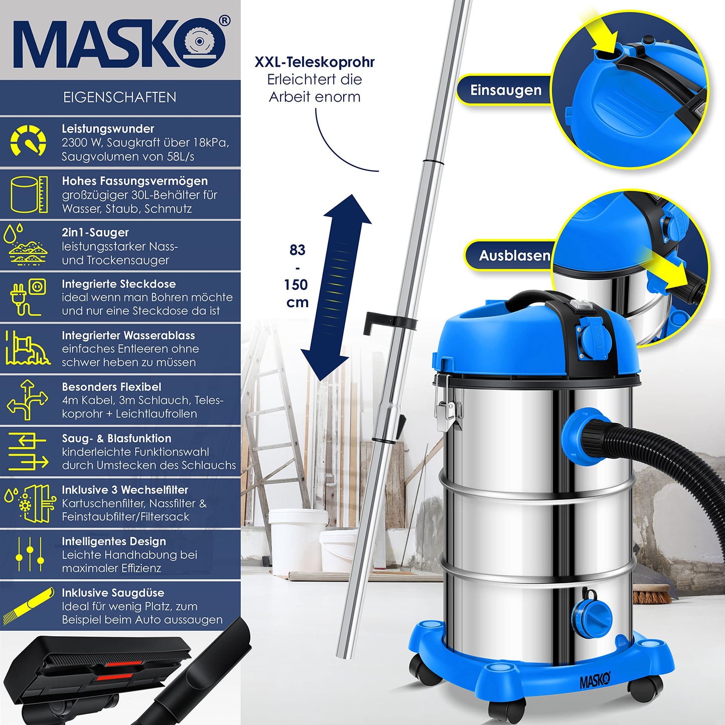 MASKO® Industriestaubsauger Staubsauger Nass Trocken Sauger Edelstahl 2300W + Steckdose | Blasfunktion | Push&Clean | Industrie-Sauger mit & ohne Beutel | beutellos Blau