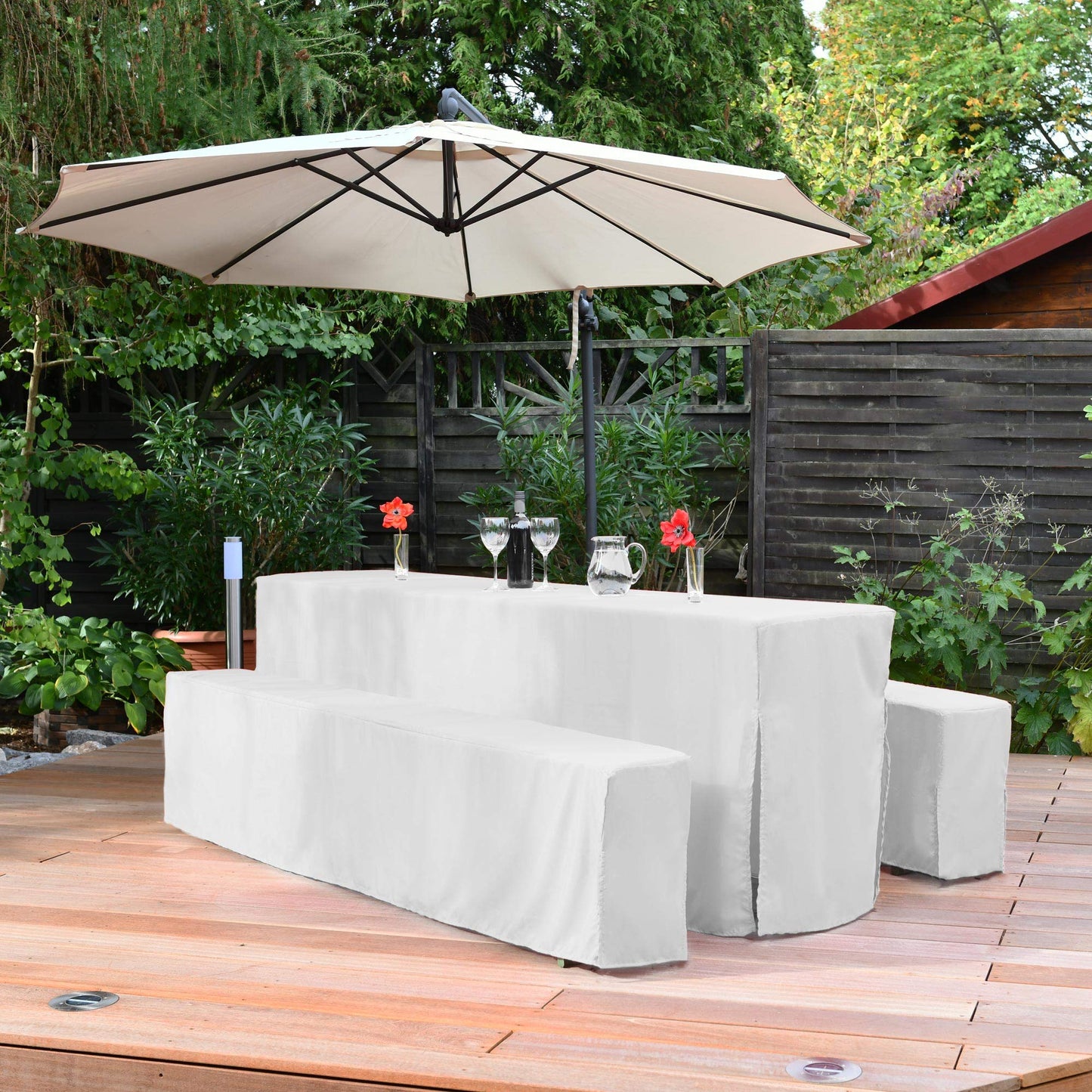 Beautissu Basic L 3 TLG. Bierbank Hussen & Biertisch Husse Set Bodenlang – Edles Hussen Komplettset 70 cm breite Festzeltgarnitur mit Oeko-TEX Siegel in Weiß