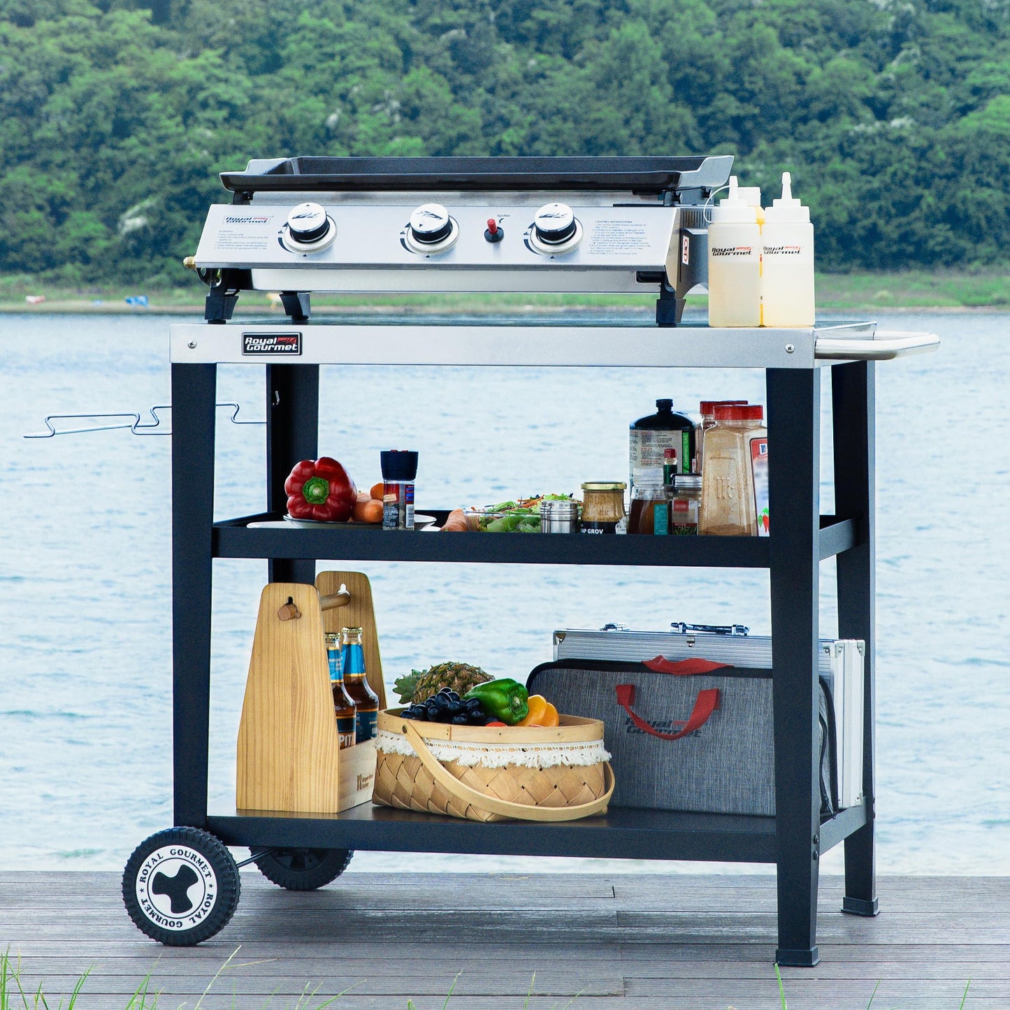 Royal Gourmet Servierwagen 3-Etagen mit Müllsackhalter Küchenwagen Edelstahl Beistelltisch Outdoor Plancha Grilltisch Rollwagen Trolley Silber Arbeitsplatte 85 x 50cm