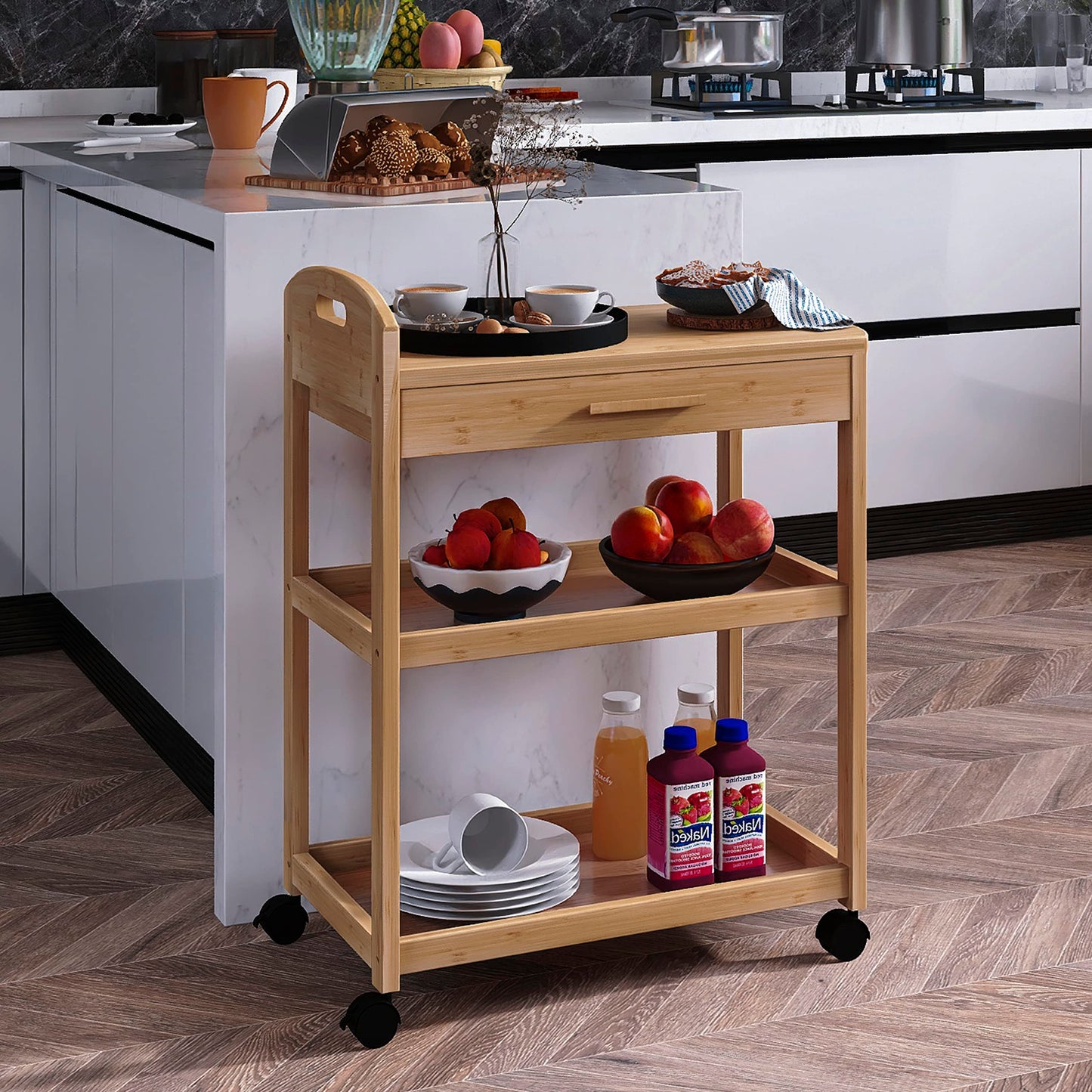 SMIBUY Kücheninsel Wagen auf Rädern mit Lagerung Schublade & Regale, Bambus 3-Tier Rolling Utility Serving Rack mit Massivholz Arbeitsplatte & Lockable Casters (Natural)