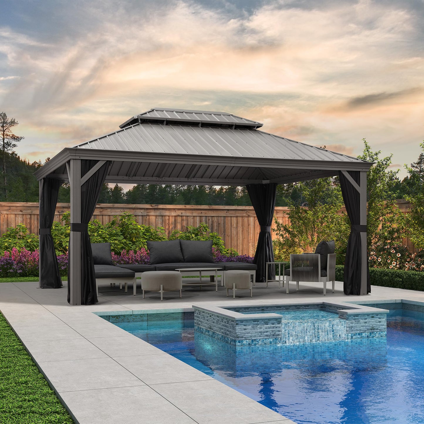 PURPLE LEAF Aluminium Pavillon 3.65 x 4.85 m mit Moskitonetz und Vorhänge Pavillon mit Doppeltes Stahldach Gartenpavillon Wetterfest, Hellgrau