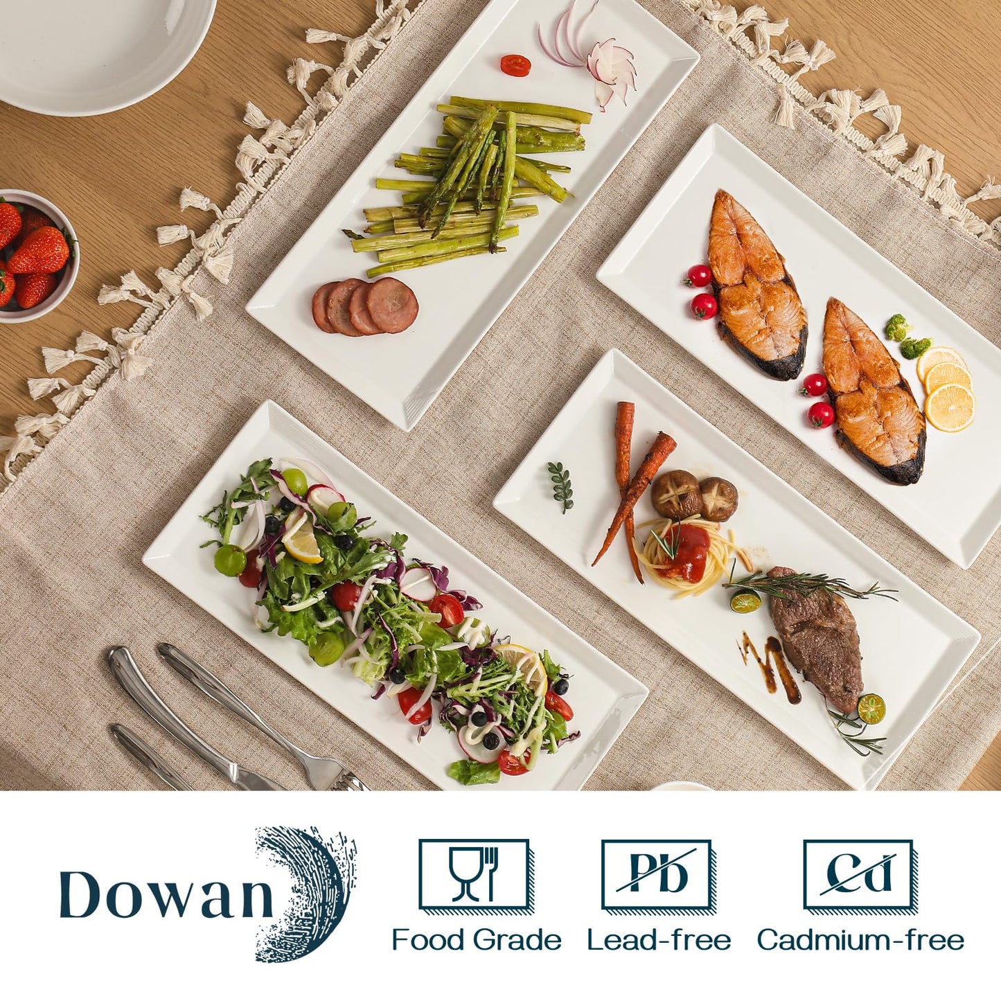 DOWAN Teller Rechteckig, Servierplatten Keramik 36,8 x 15,2 cm, Rechteckige Teller aus Porzellan, Speiseteller für Fleisch, Fisch, Sushi, Gericht usw. Neutral Weiß, 4 Stück