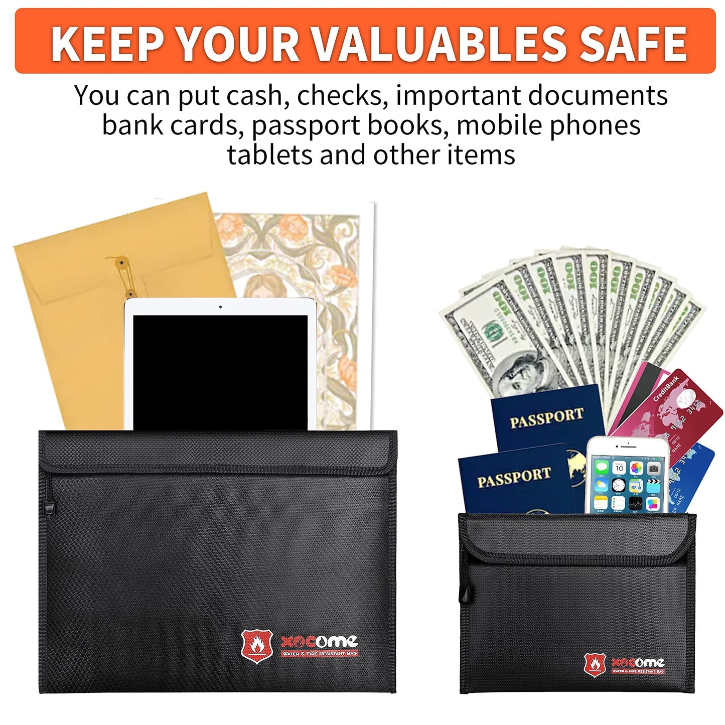 xocome 2 Stück Feuerfeste und wasserdichte Tasche(38x28cm, 23x17.5cm) Zweilagigen Glasfasermaterial, Feuersichere wasserdichte Aktentasche für A4 Dokumente, Passport Bankdatei Geld Wertsachen(Schwarz)