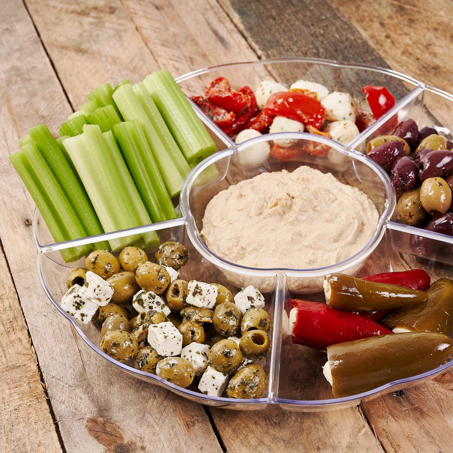 MATANA 5 Transparente Snackteller mit 6 Fächern (Kunststoff, 31cm) - Servierteller, Snackschalen & Dipschalen - Picknick & Partys - Elegant, Stabil & Mehrweg