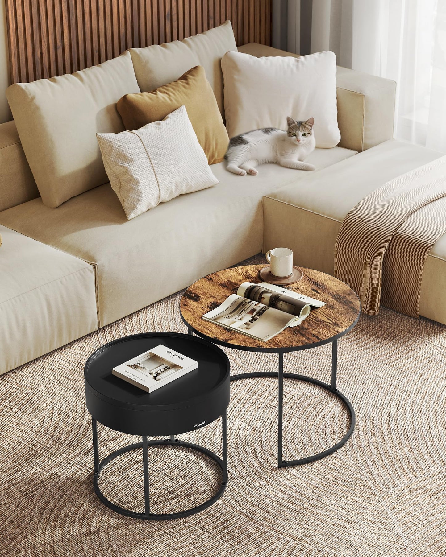 VASAGLE Couchtisch rund, 2er Set, Beistelltisch, Satztisch, modern, versteckter Stauraum, Tablett, für Wohnzimmer, Schlafzimmer, Balkon, vintagebraun-tintenschwarz LCT044K01