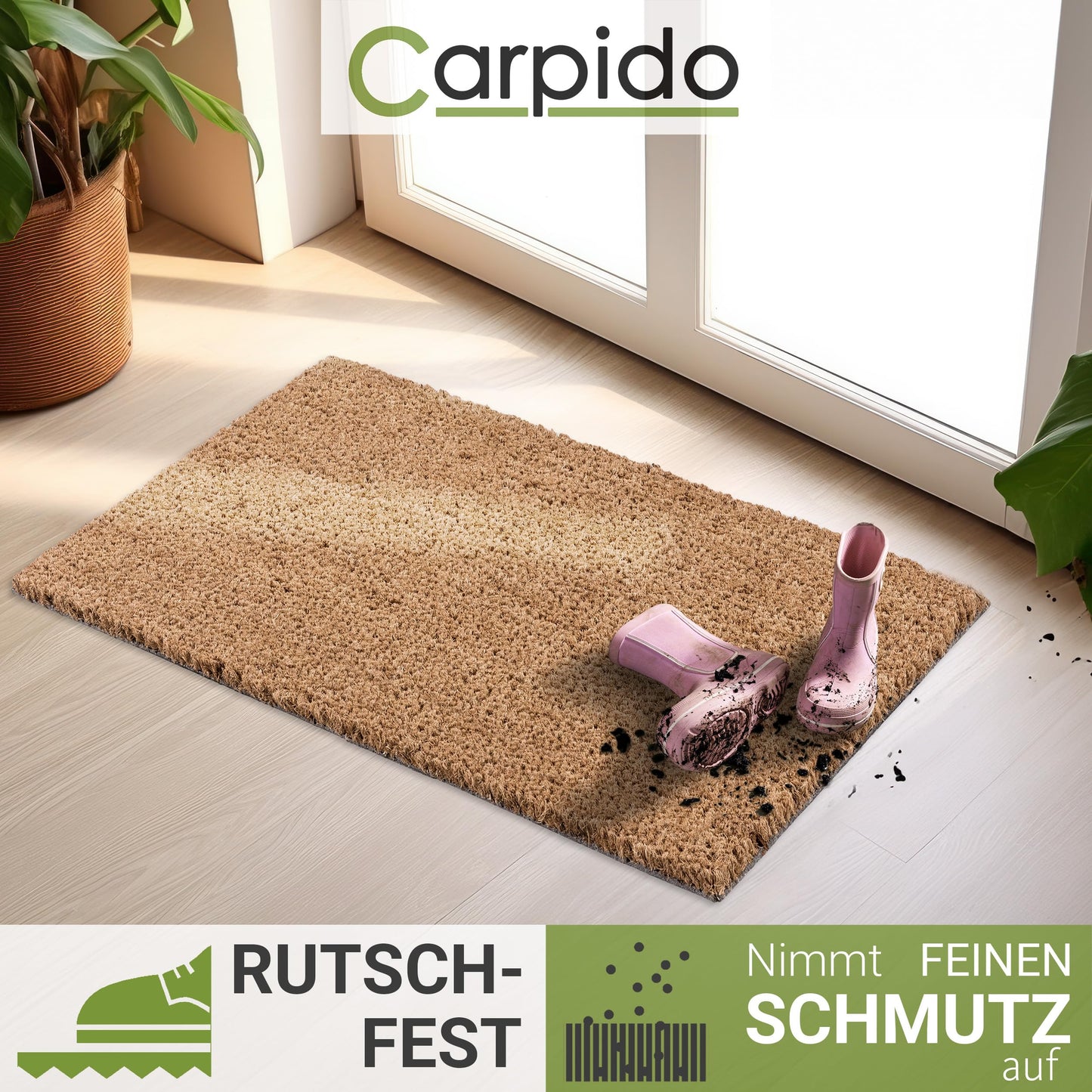 Carpido rutschfeste Kokosmatte - antibakterielle Fussmatte für den überdachten Außenbereich - nachhaltige Naturfaser - 100% Kokos - 40x60 cm - Natur