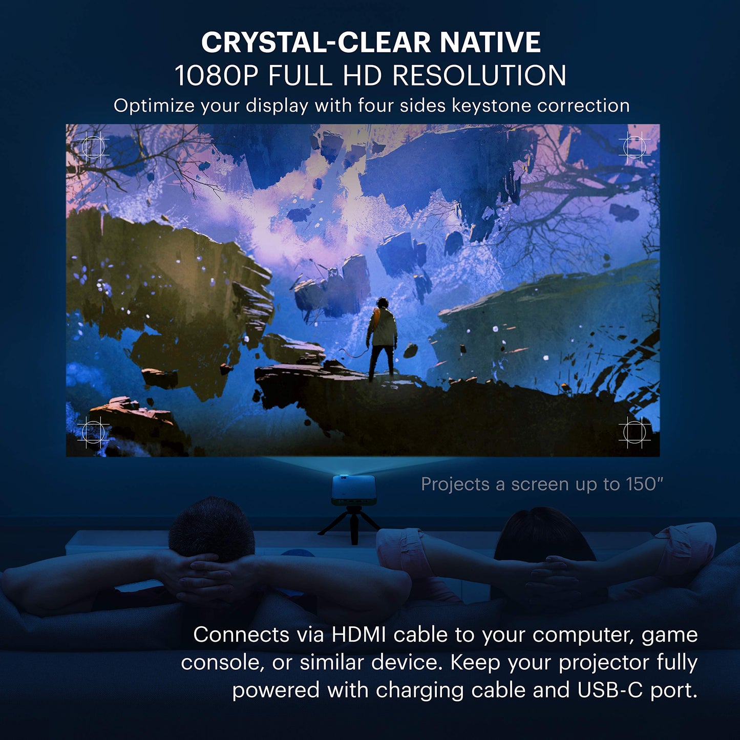 KODAK Luma 450 Tragbarer Full HD Smart Projektor | WLAN, Bluetooth, HDMI und USB kompatibles Mini Heimkinosystem bis zu 150 Zoll | 1080p Native Auflösung (4K), 200 Lumen | Stativ enthalten