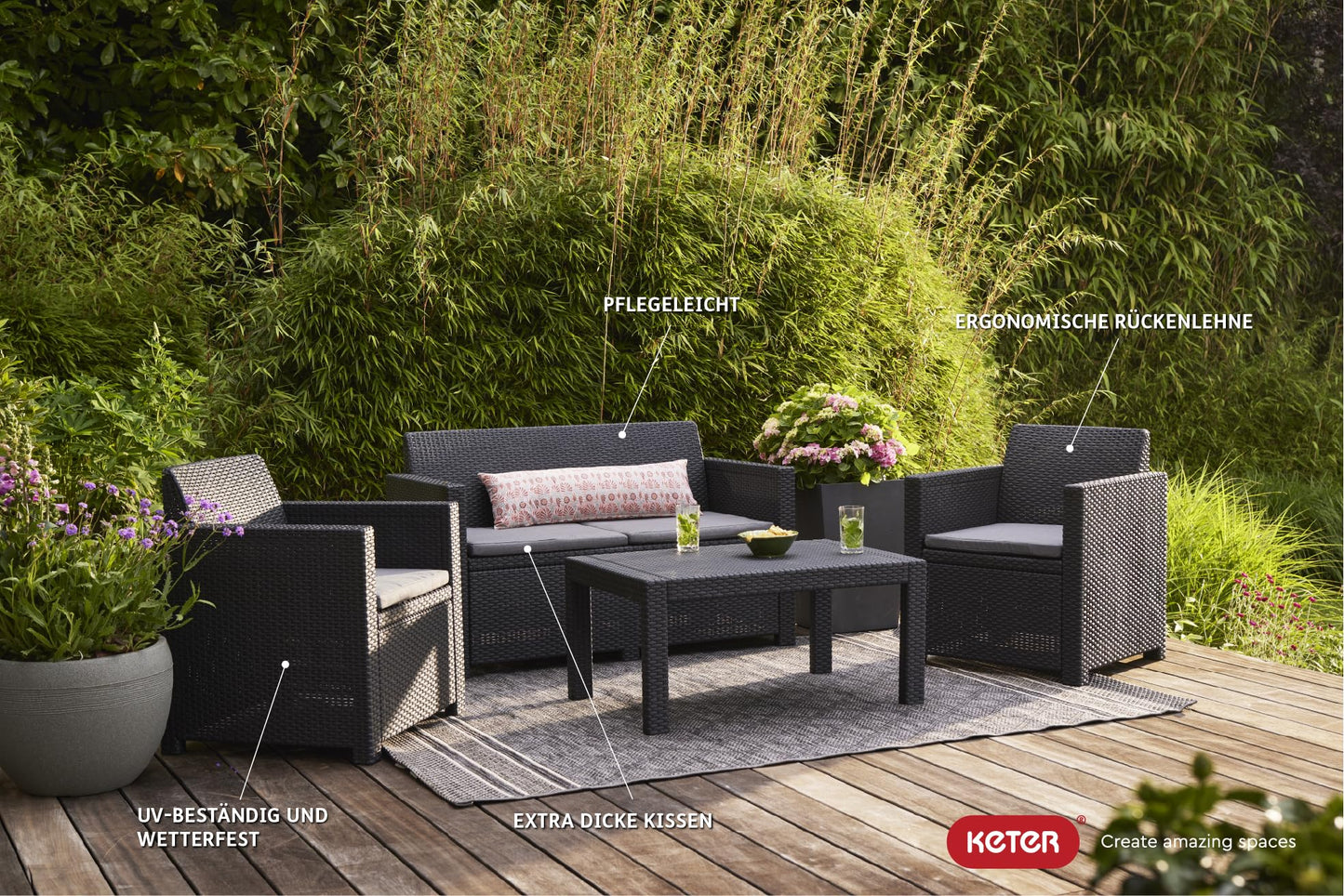 Allibert by Keter Merano Gartenmöbel Set aus Kunststoff, inkl. Sitzkissen, grau, 4-teilig, 2 Sessel, Sofa & Tisch, für Garten & Terrasse, Flache Rattanoptik