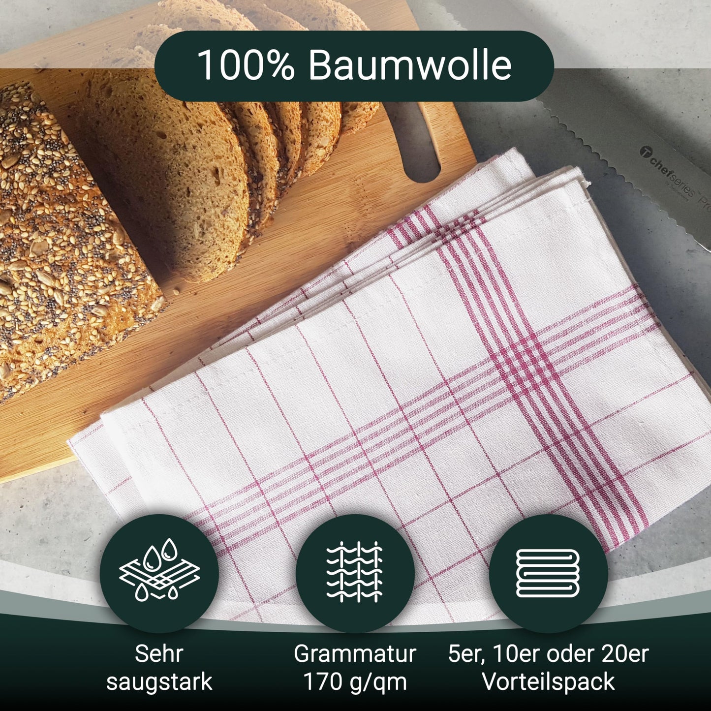 ZOLLNER 10er Set Geschirrtücher Baumwolle in 50x70 cm - super saugstarke und langlebige Küchentücher - waschbar bis 95°C – in rot weiß kariert - Gastronomiequalität - Oeko Tex® Zertifiziert