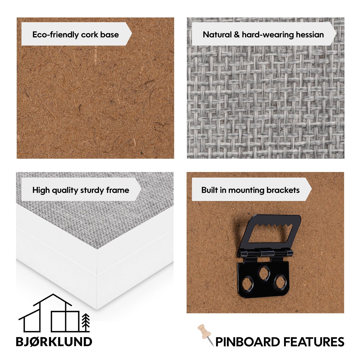 BJORKLUND Pinnwand | Hochwertige Pinnwand aus Kork zum Aufhängen | Große Korktafel 40 x 30 cm, Visionboard, Anschlagtafel für Haus, Büro und Schlafzimmer