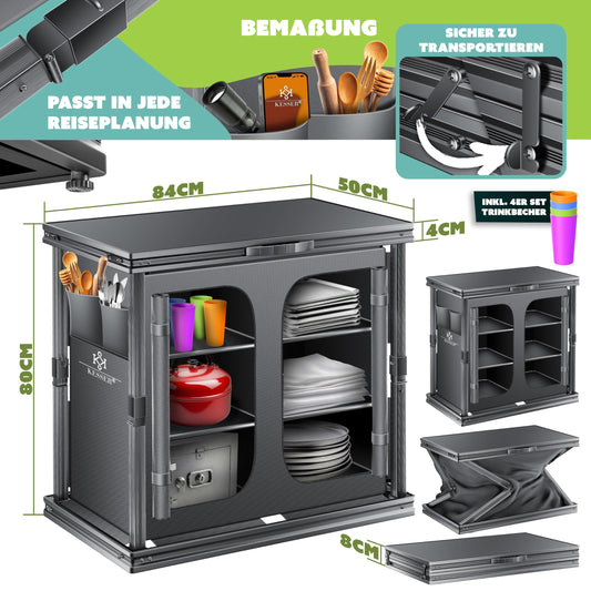 KESSER Faltbare Campingküche – 84 x 80 cm mit Aluminiumgestell, 6 Fächern & Trinkbecherset