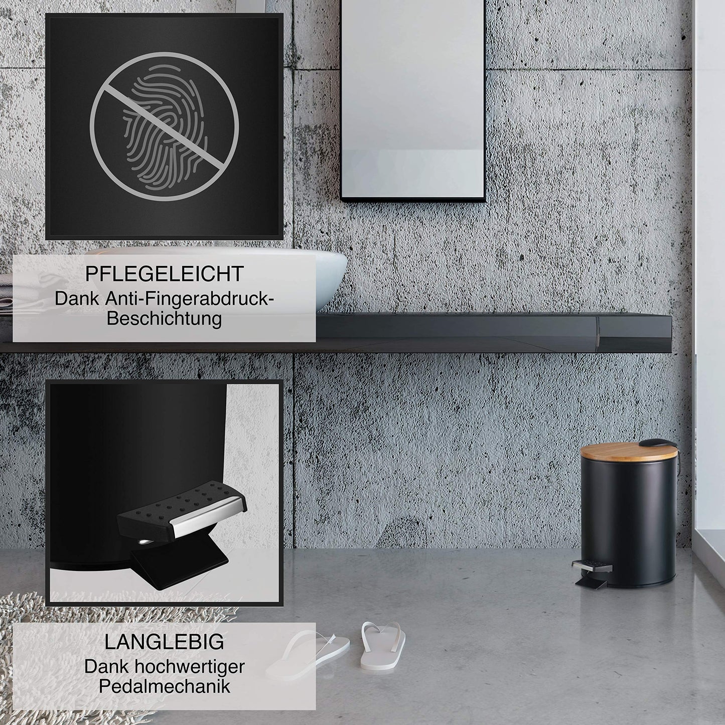 VMbathrooms 3L Kosmetikeimer in edlem schwarzem Design | Tretmülleimer mit Absenkautomatik (Soft Close) | Eleganter Eimer fürs Bad mit Innenbehälter und Bambus-Holzdeckel