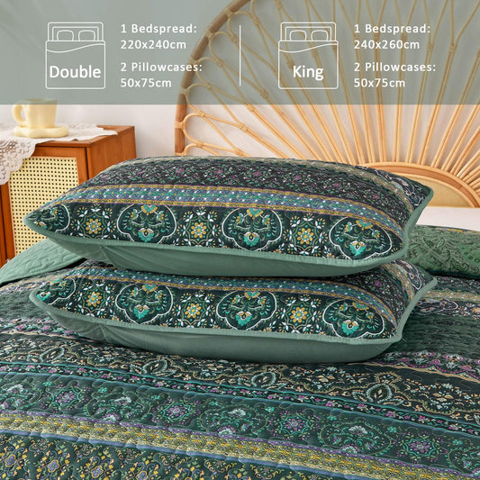 WONGS BEDDING Tagesdecke 220x240 Bettüberwurf Boho Decke Steppdecke 3 Teilig Doppelbett Gesteppt Bettdecke Mikrofaser Wohndecke mit 2 Kissenbezug 50x75 für Schlafzimmer als Sofaüberwurf (Grün)