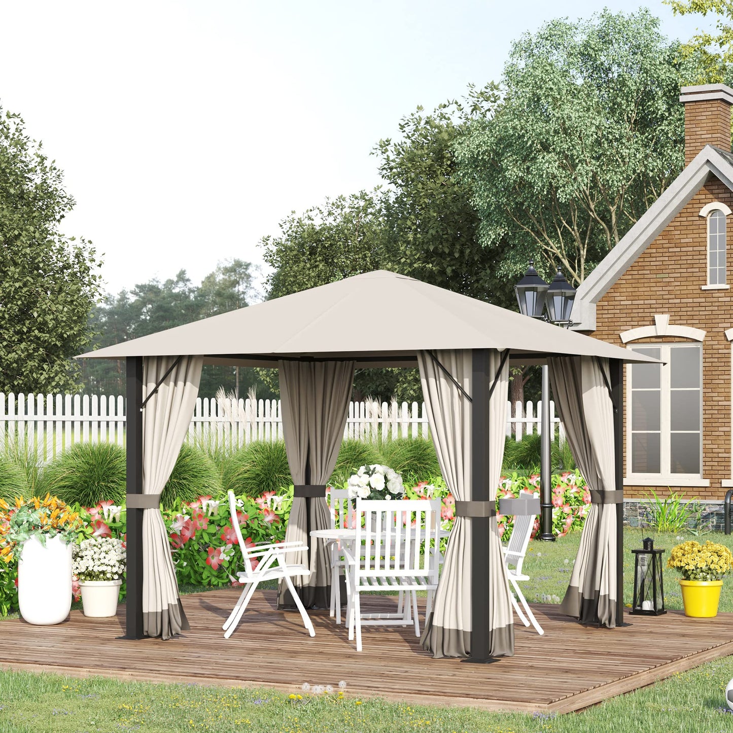 Outsunny Gartenpavillon Pavillon 3 x 3 m Gartenzelt Dach mit Belüftungslöcher Festzelt Partyzelt mit 4 x Seitenteile wetterfest Aluminium Polyester Khaki