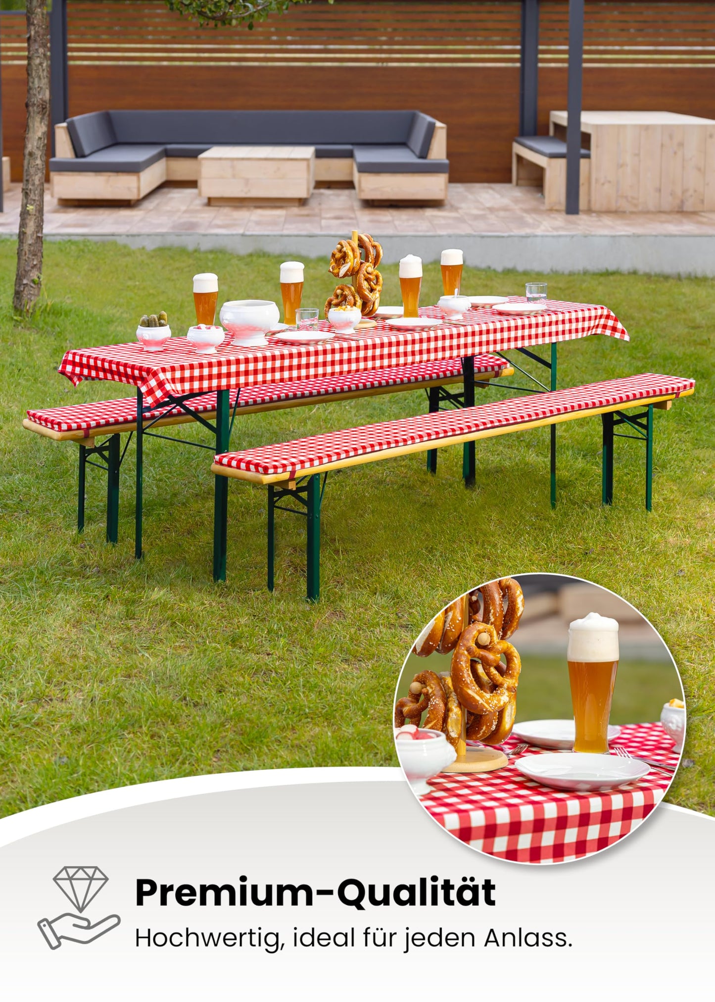 Gräfenstayn® Annabelle Biertischauflagen-Set mit Sitzpolsterung 3 TLG für Bierzeltgarnitur - 70cm oder 50cm Tischbreite - Öko-Tex Siegel Standard 100: "Geprüftes Vertrauen (70x220cm, Rot/Weiß)