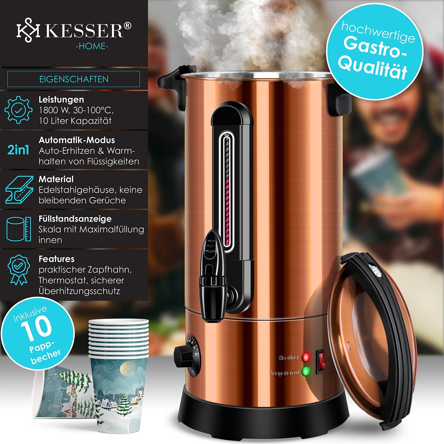 KESSER® Glühweinkessel 10L Edelstahl Inkl. 10x Becher Glühweinkocher mit Thermostat Glühweinautomat Heißgetränkeautomat Wasserkocher Heißwasserspender Einkochautomat Füllstandanzeige Zapfhahn