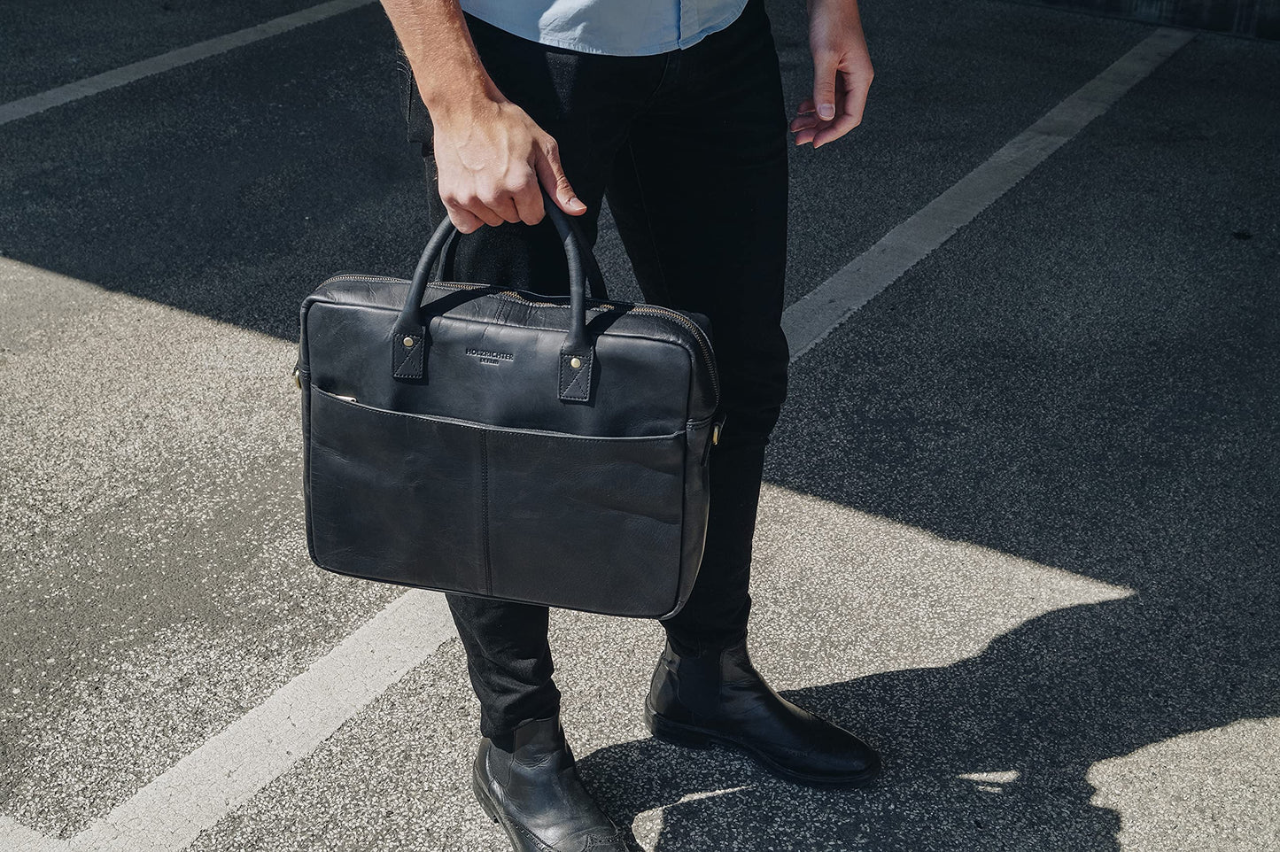 Holzrichter BERLIN Tragetasche No 1-1 (M) schwarz-anthrazit - Große Briefcase-Aktentasche & Laptoptasche handgefertigt aus Premium-Leder