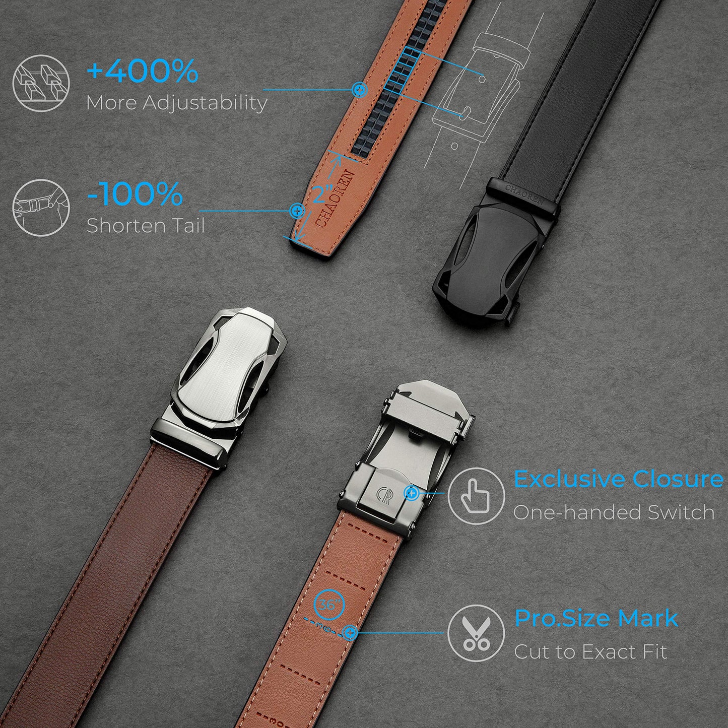 CHAOREN Gürtel Herren, Automatik Ledergürtel Herren Ratsche für Herren Business Anzug, 35mm Gürtel ohne Löcher, Größe Angepasst