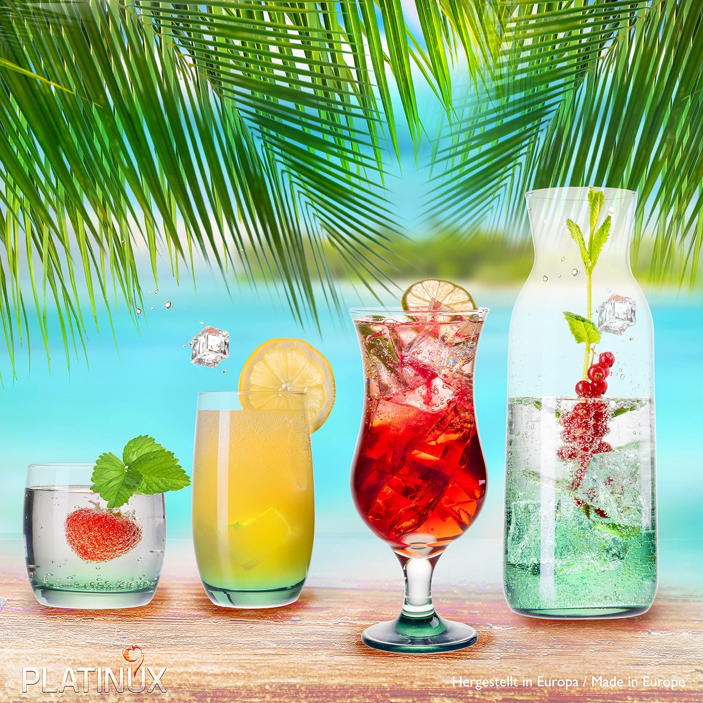 PLATINUX Trinkgläser Set & Karaffe mit Grünem Ombré Effekt 19 Teilig aus Glas Wasserkaraffe Cocktailgläser Trinkgläser