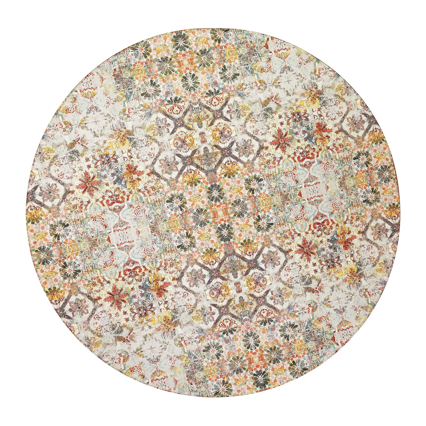 Lahome Boho-Teppiche mit runder Fläche, 1.8 m, waschbar, kreisförmig, für Wohnzimmer, rutschfest, dünn, Überwurf, Teppich für Esszimmer, Tisch, großer Blumendruck, Used-Look, Eingangsbereich, Büro