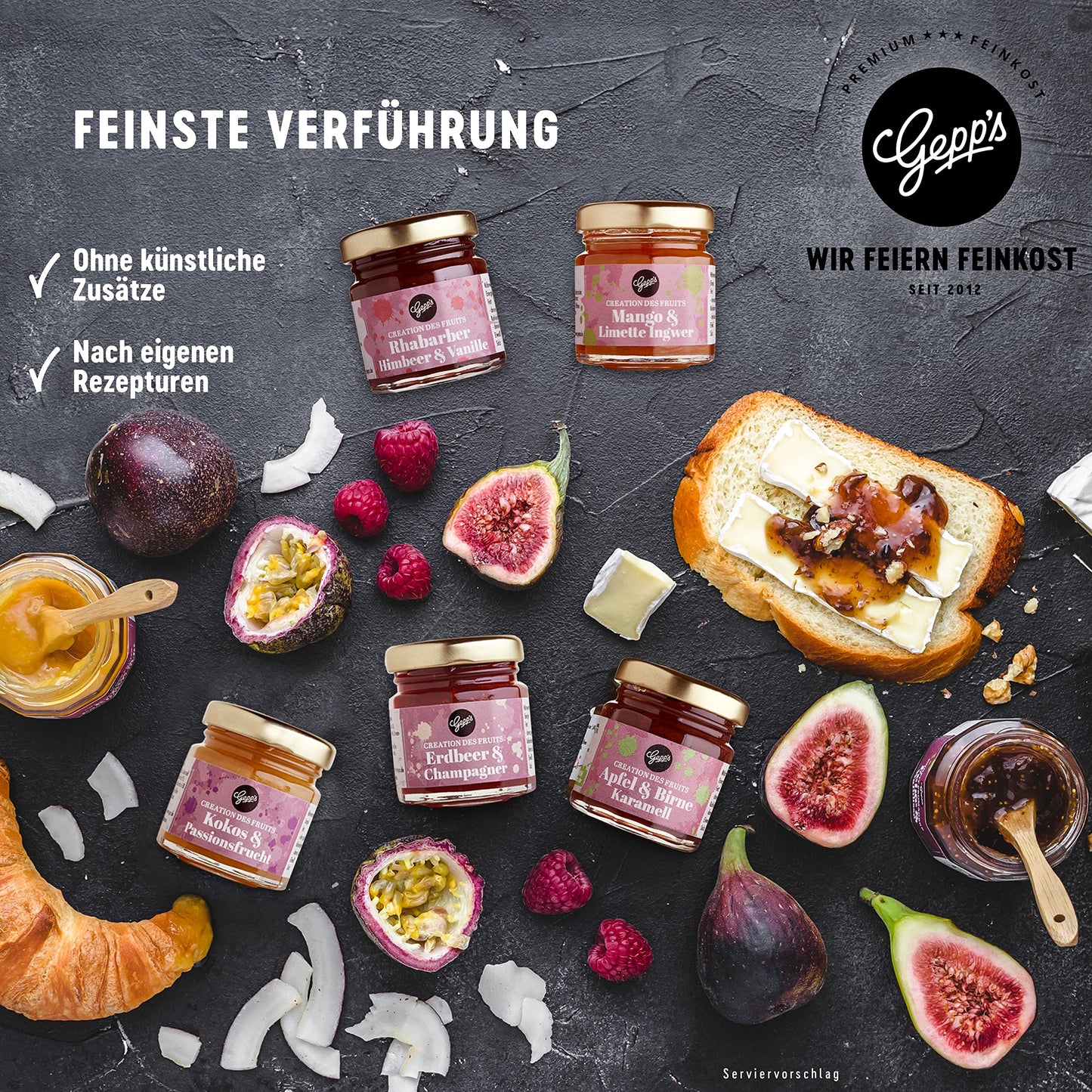 Gepp's Feinkost Frühstück Marmeladen Set I Mini Konfitüren in verschiedenen Geschmacksrichtungen I Geschenkset mit Spezialitäten wie Mango Ingwer Erdbeer & Champagner Fruchtaufstrich