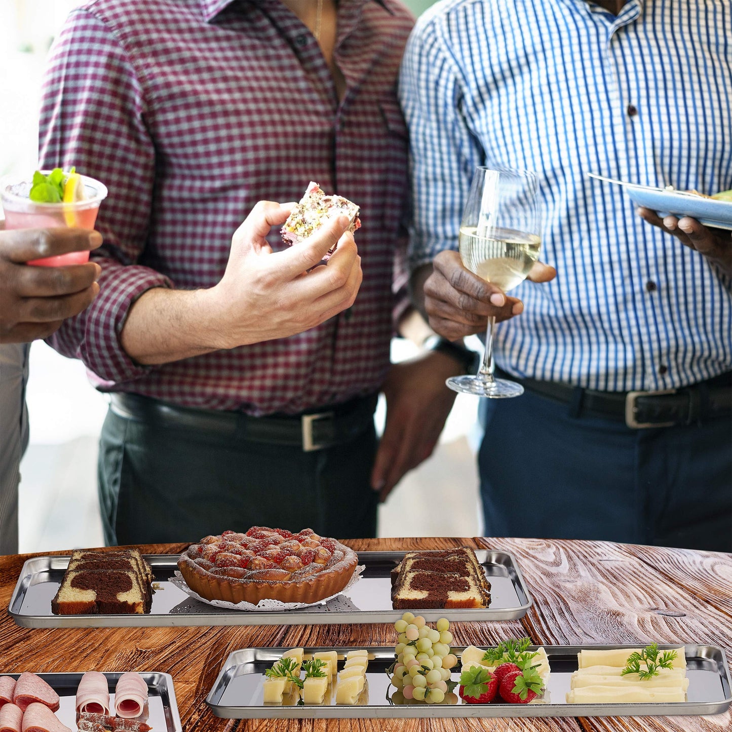 Relaxdays 10030060_59 Servierplatte, 3er Set, Edelstahl, spülmaschinenfest, Wurst, Käse, Party, Schlemmerplatte, 45,5x22 cm, Silber