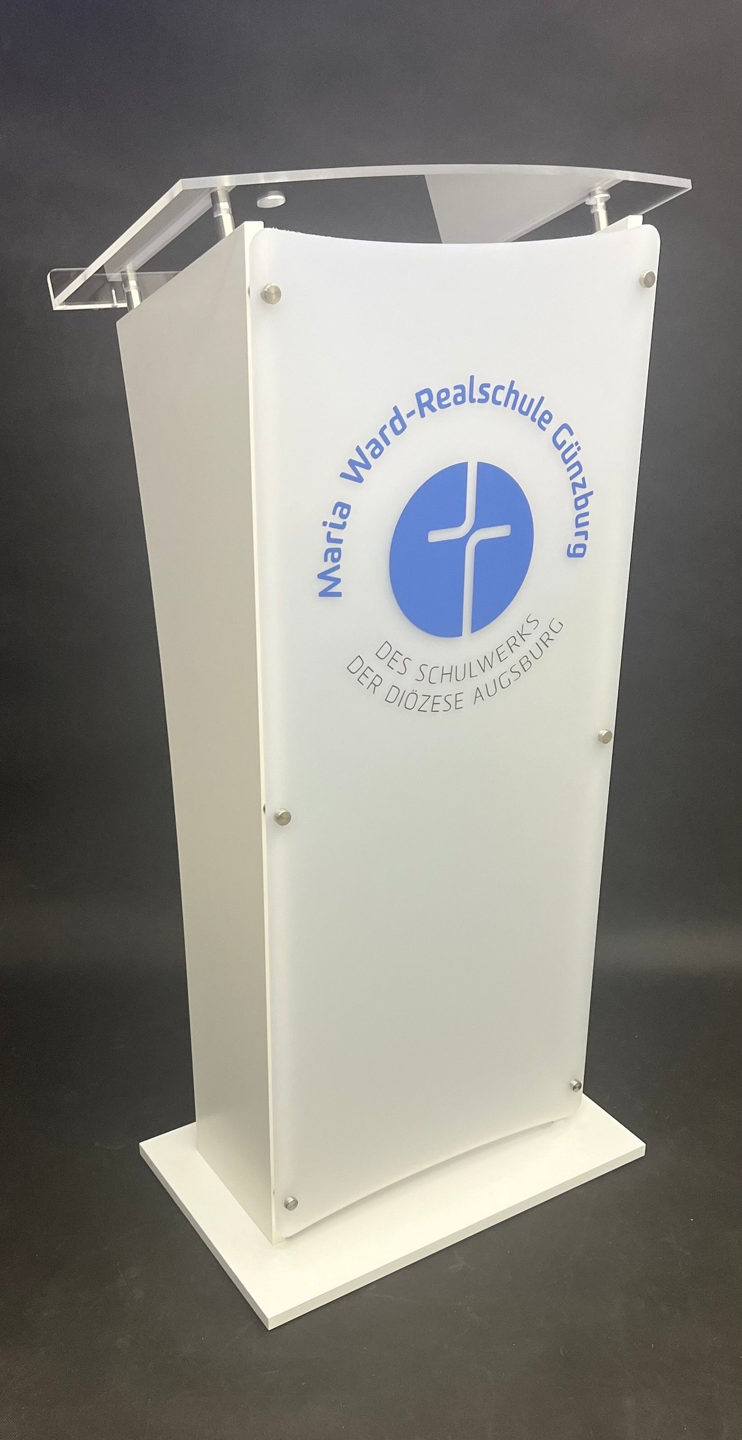 Rednerpult BARCELONA mit Logo, farbige Möbelplatte