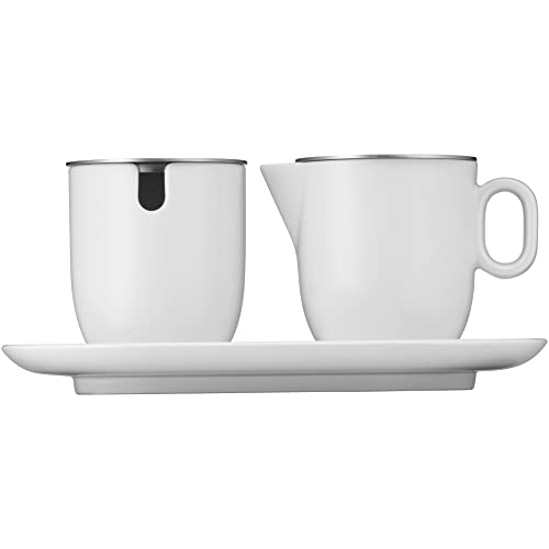 WMF Barista Zuckerdose 130 ml und Sahne-/ Milchkännchen Porzellan 170 ml mit Deckeln Set 3-teilig mit Untersetzer, Milchkanne, spülmaschinengeeignet