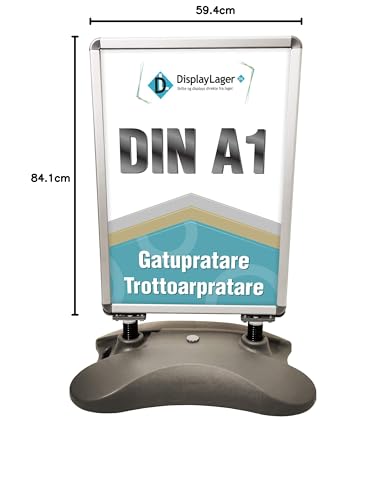 DisplayLager, Dänische Qualität - Grauer Plakatständer Wind-Sign | Für Postermass DIN A1 594x841 mm. Robuster Wetterfester Kundenstopper. Standgewicht für hohe Windgeschwindigkeiten und Rollen