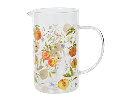 Decoris Kanne 17cm Glas mit Pfirsich Motiv - Karaffen & Krüge - Trinkgeschirr Glaskanne - Wasserkanne Saftkanne Limonadenkrug Servierkanne - Sommer Geschirr Transparent Gelb