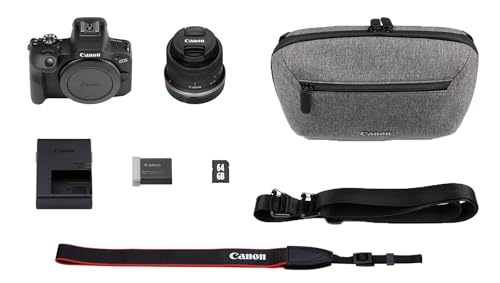 Canon EOS R100 + RF-S 18-45mm F4.5-6.3 is STM Objektiv + Kameratasche + 64GB SD-Karte (Spiegellose Digitalkamera, 4k Videokamera, 24,1 Megapixel, Bildstabilisator, Objektivsteuerring, WLAN) schwarz