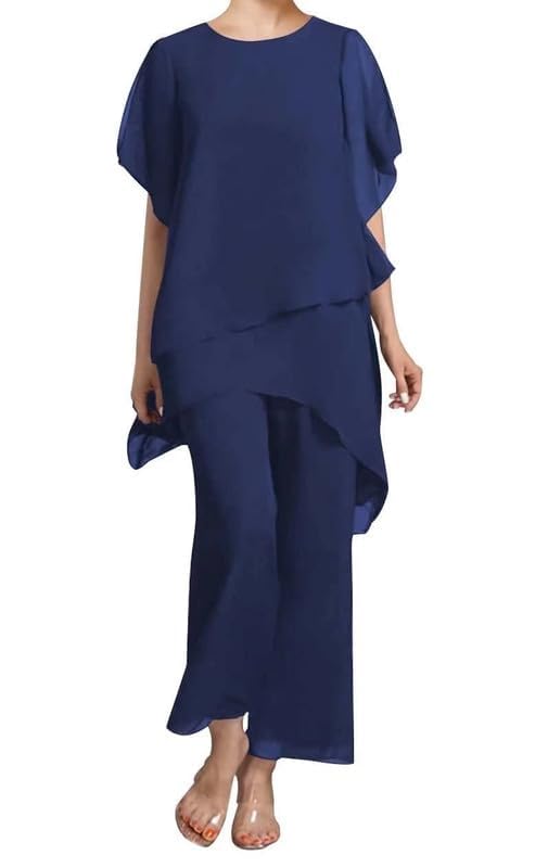 JAEDEN 2 Teilig Hosenanzug für Brautmutter Chiffon Festliche Hosenanzüge Schlicht Hochzeitsgast Hosen Set Marineblau 42