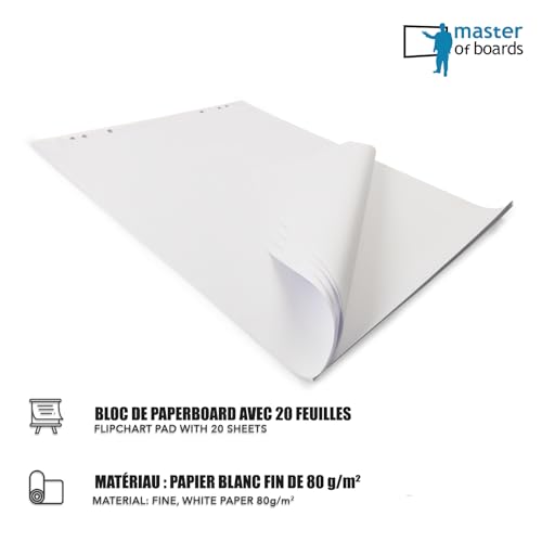 Master of Boards Flipchart Papier Zubehör-Set - Papier blanko Block mit 20 Blatt, 4 Marker Stifte, 5