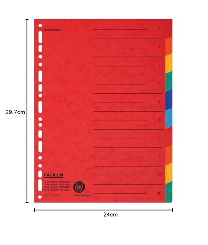 Original Falken Karton-Register überbreit für DIN A4+ 24,5 x 30 cm volle Höhe mit Organisationsdruck 10-teilig vollfarbig 2 x 5 Farben zur Ablage von Prospekthüllen