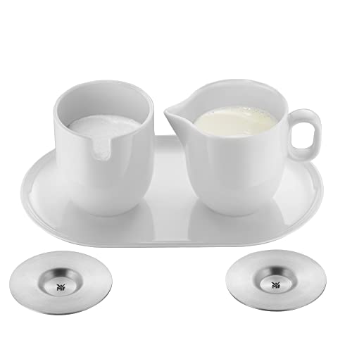 WMF Barista Zuckerdose 130 ml und Sahne-/ Milchkännchen Porzellan 170 ml mit Deckeln Set 3-teilig mit Untersetzer, Milchkanne, spülmaschinengeeignet