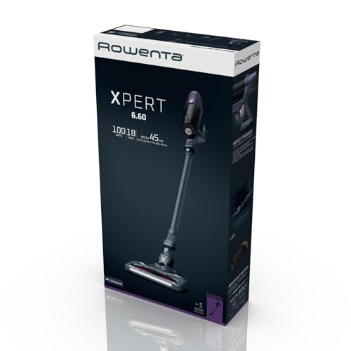 Rowenta X-Pert 6.60 Essential Akkustaubsauger, 100 W Leistung, 45 Min Laufzeit, kabellos & beutellos, LED-Bürstenkopf, herausnehmbarer Akku, inkl. Fugendüse und Wandhalterung, violett/schwarz, RH6838