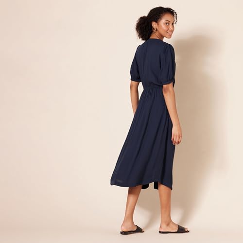 Amazon Essentials Damen Tailliertes A-Linien-Midikleid mit halblangen Ärmeln in lockerer Passform, Marineblau, L
