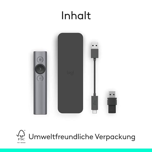 Logitech Spotlight Presenter, Bluetooth und 2.4 GHz Verbindung via USB-Empfänger, Digitaler Laserpointer, 30m Reichweite, Timer, Vibrationsalarm, PC/Mac/Android/iOS - Slate/Grau