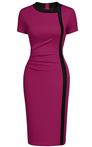 Viwenni Frauen Vintage Rüschen Business Colorblock Patchwork Kirche Bleistiftkleid, Amaranth, X-Groß