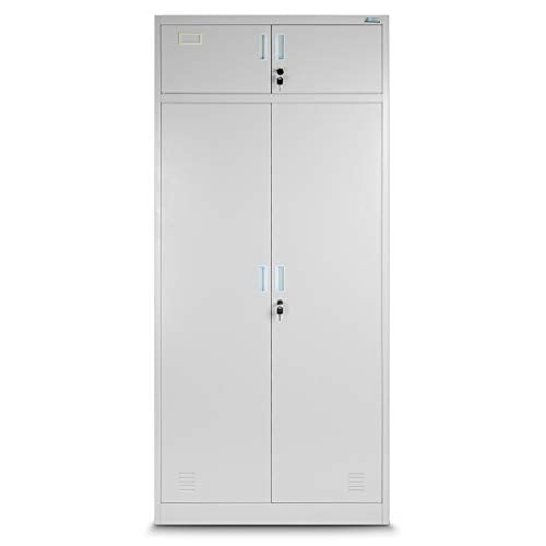 Jan Nowak Aktenschrank, Mehrzweckschrank, Spind Schrank | Geheimfach, 2 Schubladen, 4 Fachböden, Mit Kleiderstange, Spiegel, Pulverbeschichtet, Abschließbar, Metall | 185 cm x 90 cm x 50 cm Grau