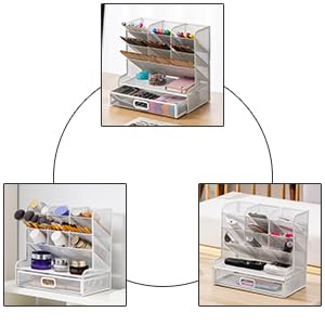 Marbrasse Schreibtisch-Organizer aus Netzstoff, Multifunktionaler Stifthalter,für Schreibtisch,Aufbewahrungsregal für Schule,Zuhause,Büro,Kunstbedarf (Mesh Pen Holder White with Drawer)