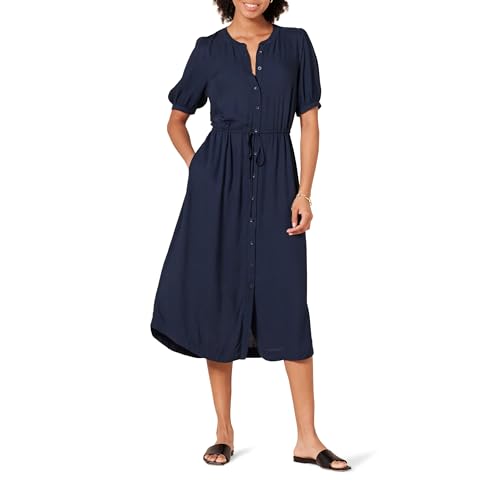 Amazon Essentials Damen Tailliertes A-Linien-Midikleid mit halblangen Ärmeln in lockerer Passform, Marineblau, L