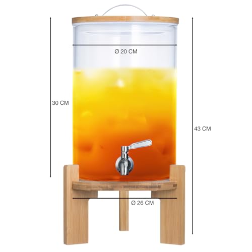 Getränkespender mit tropfsicheren Zapfhahn aus Edelstahl Wasserspender aus Glas mit Bambus Ständer und Deckel Limonadenspender aus hitzebeständigen Borasilikatglas (8 Liter)