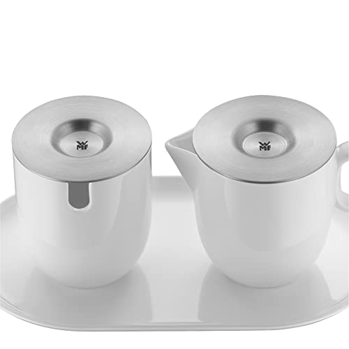 WMF Barista Zuckerdose 130 ml und Sahne-/ Milchkännchen Porzellan 170 ml mit Deckeln Set 3-teilig mit Untersetzer, Milchkanne, spülmaschinengeeignet